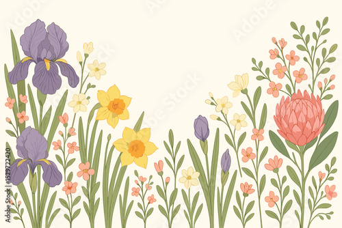 Vintage floral border with iris, daffodil, and protea flowers. Hand-drawn botanical illustration of a spring garden meadow. Background with copy space for text. Retro style.