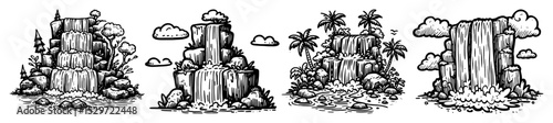 engraved fantasy cliff island landscapes set
