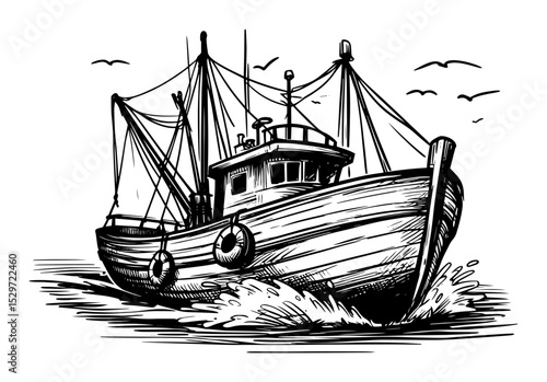 vintage fishing boat at sea illustration