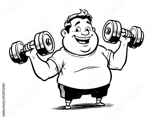 happy overweight man lifting dumbbells cartoon
