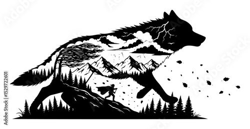 wolf running with mountain landscape double exposure