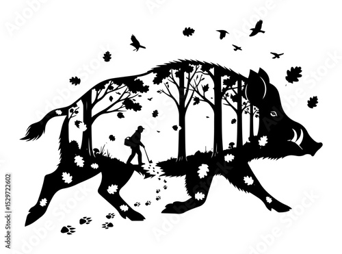 double exposure wild boar with forest hiking scene