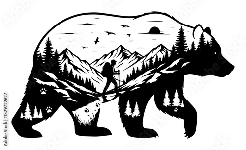 double exposure bear with mountain hiking path