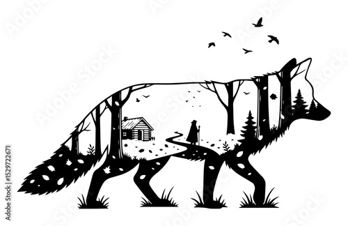 double exposure fox with cabin in forest