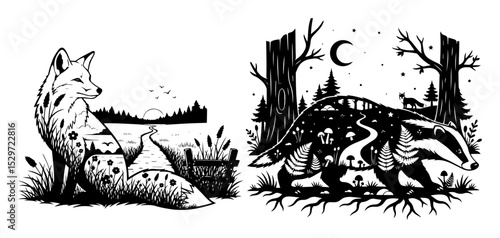 wild fox in natural forest landscape scene