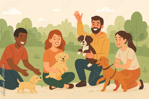 Happy Dog Day celebration concept. Diverse group of friends playing with puppies in the park. Pet owners community. People with dogs. Animal adoption and care. Outdoor leisure.