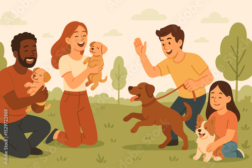 Happy diverse people celebrating National Dog Day in the park. Multiethnic group of friends and family playing with puppies and pets. Pet adoption and animal care concept.
