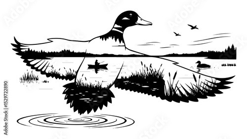 duck with forest landscape and water reflection