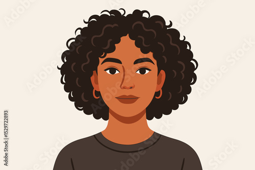 Portrait of a beautiful young black woman with curly afro hair. African American girl avatar. Modern flat vector illustration. Concept for diversity, natural beauty, empowerment.