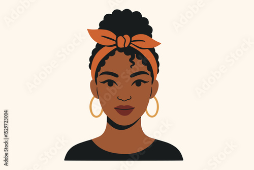 Portrait of a beautiful Black woman with natural curly hair. African American girl with an afro puff hairstyle, headscarf and hoop earrings. Modern flat vector avatar design.