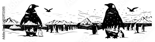 penguins with antarctic ice landscape scene
