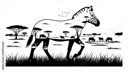 zebra with african landscape inside silhouette