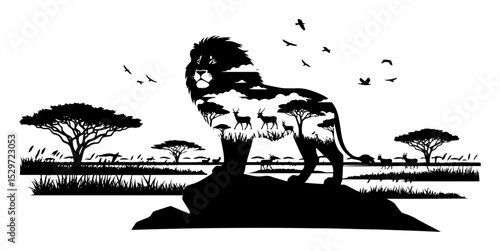 lion with african wildlife double exposure