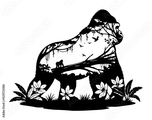 gorilla with jungle landscape and wildlife detail