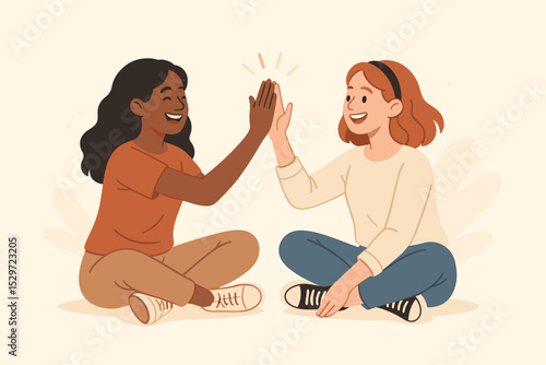 Happy diverse friends giving a high five. Young multicultural women sitting on the floor, celebrating success. Teamwork, support, and collaboration concept vector illustration.