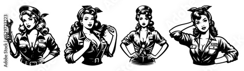 retro pin up female mechanics in work uniform