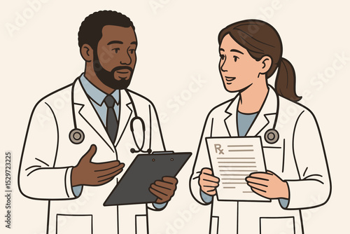 Diverse medical team of doctors discussing a patient diagnosis. Black male doctor and female colleague collaborating on a treatment plan with a clipboard and a prescription. Healthcare.