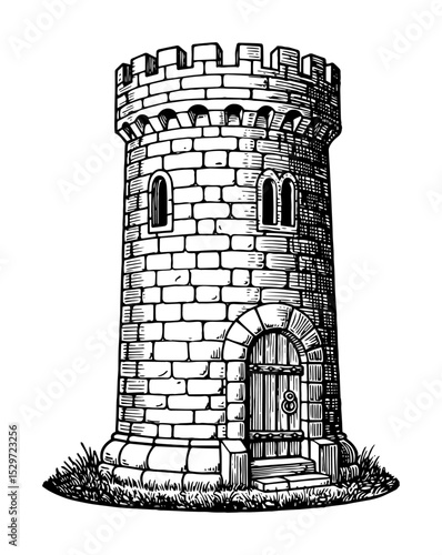 medieval stone tower illustration in engraving style