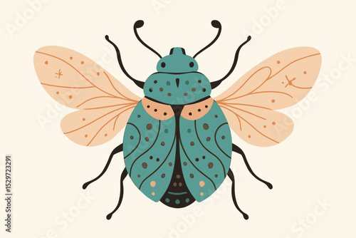 Whimsical beetle illustration with decorative wings. Cute folk art insect character in boho scandinavian style. Stylized bug or fly design element for kids or nature concept.