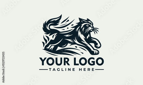 Dynamic engraved black and white illustration of a powerful lynx in a running pose. Wildlife and speed concept