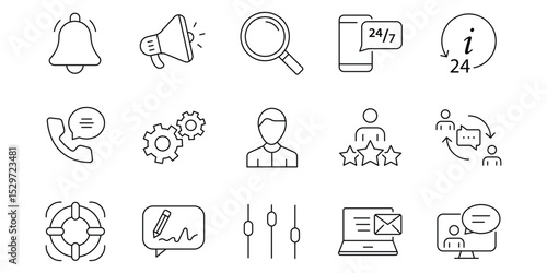 Customer service and support 15 outline icons collection. Support and service icons for web and mobile app. Online help, assistance, customer, 24 hrs, service and more. Vector illustration.