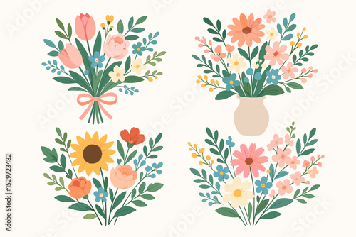Hand-drawn spring floral bouquet collection. Vector set of beautiful flower arrangements with tulips, sunflowers, and daisies. Botanical decorative elements for wedding invitations and cards.