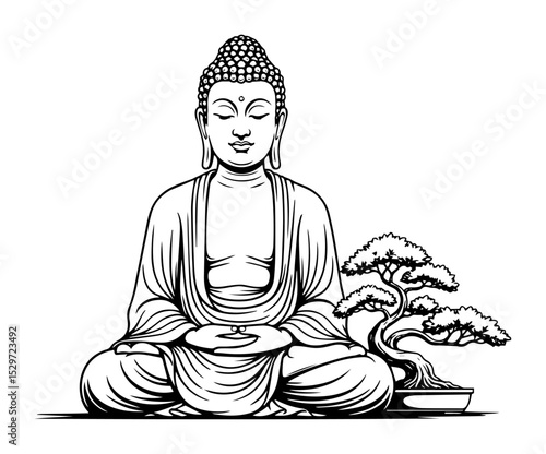 buddha meditating with bonsai tree composition