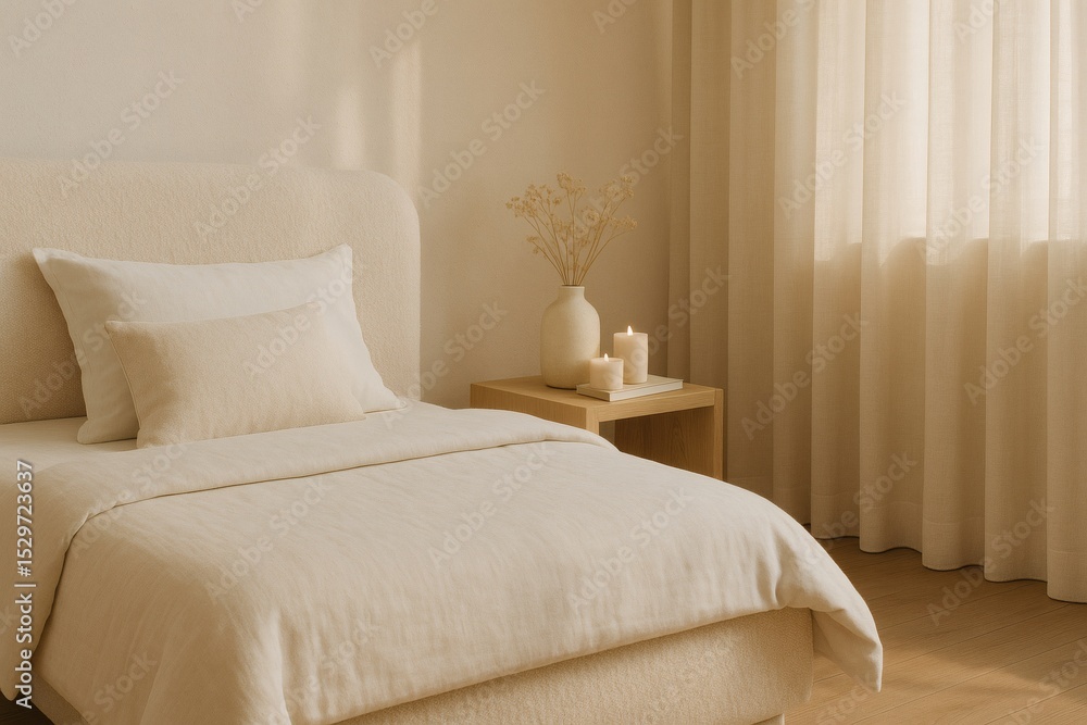 Obraz premium Warm Cozy Bedroom Corner with Boucle Bed and Soft Light