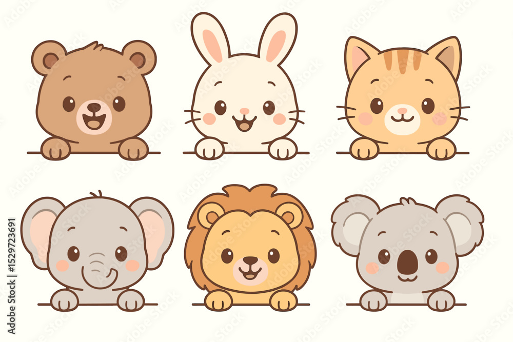 Peeking animals collection. Cute cartoon baby animal faces set. Kawaii bear, rabbit, cat, elephant, lion, koala. Vector design for kids, nursery decor, baby shower. Peeking animals collection. Cute cartoon baby animal faces set. Kawaii bear, rabbit, cat, elephant, lion, koala. Vector design for kids, nursery decor, baby shower.