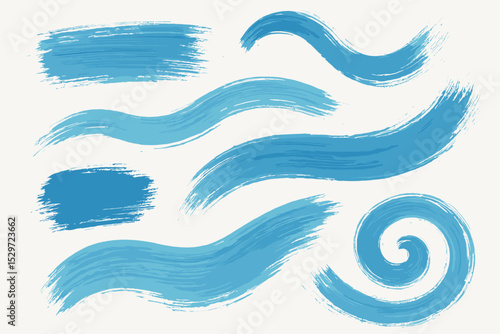 Blue paint brush strokes collection. Hand painted acrylic or gouache paint splashes. Abstract wavy lines, swirls, and smears. Grunge textured artistic design elements for banners.