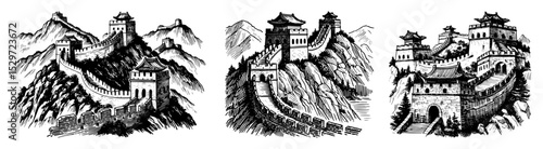 great wall of china landscape set illustration