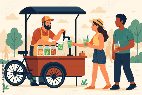 Street food vendor selling fresh juice from a mobile bicycle cart. People buying refreshing summer lemonade at an outdoor park festival. Small business concept flat vector illustration.
