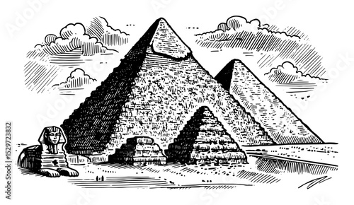 egyptian pyramids and sphinx in desert landscape