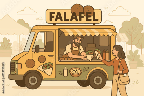Falafel food truck scene with vendor serving a pita wrap to a woman. Middle Eastern street food, small business concept. Man in apron at outdoor festival. Vegan takeaway food.