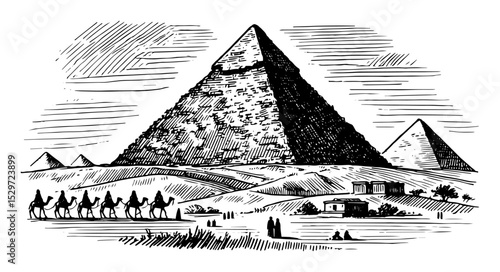 egyptian pyramids with caravan and desert village