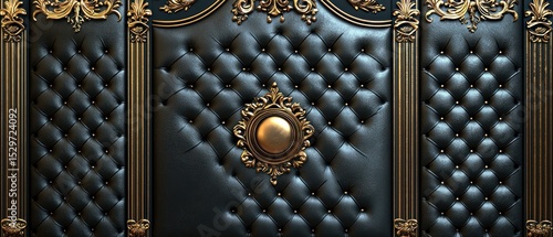 Luxurious black leather paneling with intricate gold details
