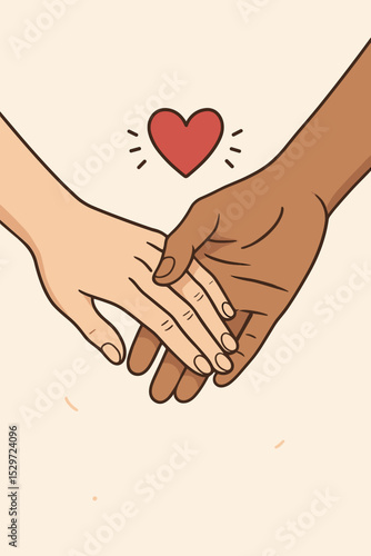 Holding hands vector illustration of an interracial couple. Concept for love, unity, diversity, and support. Romantic multiracial relationship with a heart symbol. Togetherness.