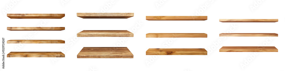 Collection of empty wooden shelves, isolated on a transparent background Collection of empty wooden shelves, isolated on a transparent background
