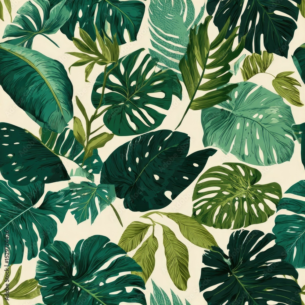 Fototapeta premium Lush tropical leaves create a vibrant, natural pattern on a light background.