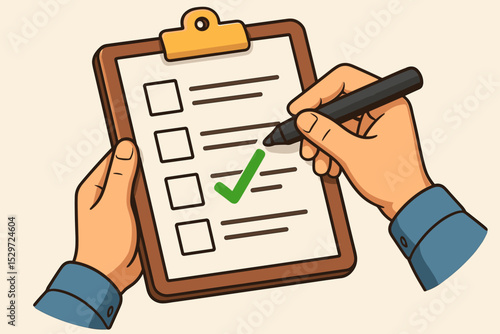 Hand holding clipboard and marking green checkmark on checklist. Business concept of task completion, to-do list, productivity, goal achievement, and successful project management.