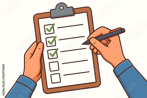 Checklist concept illustration. Hand holding clipboard and pen marking tasks on a to-do list. Green check marks symbolizing completion, success, productivity, planning, and survey.
