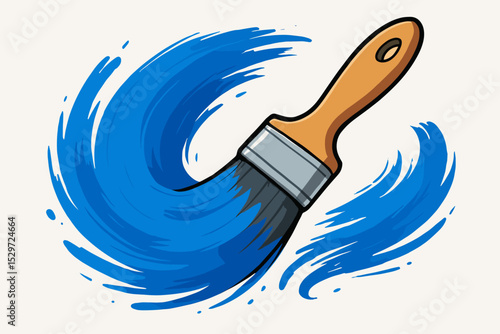 Paintbrush leaving a dynamic blue paint stroke or swoosh. Vector icon for creativity, art, drawing. Logo concept for painting company, renovation service or DIY home repair.