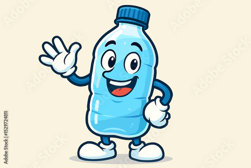 Cartoon water bottle character mascot waving hand. Friendly plastic bottle with face smiling. Concept for hydration, healthy lifestyle, pure drink, and freshness. Vector illustration.