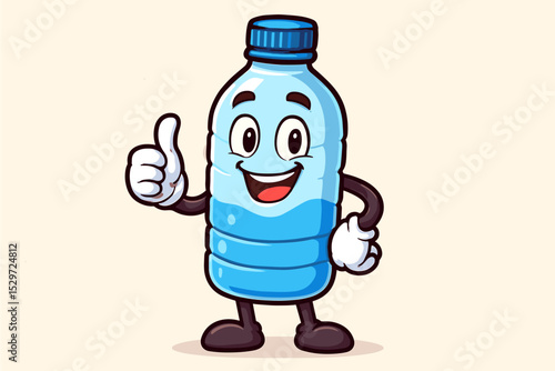 Happy water bottle cartoon character mascot giving a thumbs up. Cute friendly plastic bottle with a smile. Concept for hydration, healthy living, pure mineral water, and drink.