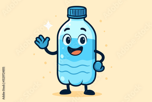 Cute water bottle cartoon mascot character waving hand. Friendly smiling plastic bottle full of fresh pure mineral water. Concept of hydration, healthy lifestyle, and drink. Vector.