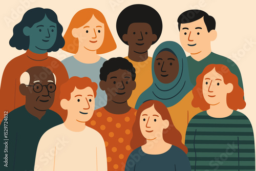 Diverse community vector illustration. Multicultural group portrait of people standing together. Concept of racial equality, inclusion and society. Men and women of different cultures.