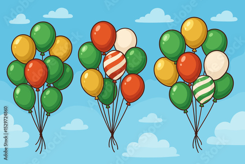 Colorful balloon bunches vector set. Party celebration concept. Holiday decoration. Birthday balloons flying in sky with clouds. Red, green, yellow, white cartoon illustration.