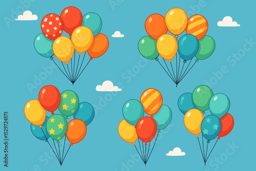 Cartoon balloon bunches vector set. Colorful party balloons floating in the sky. Collection for birthday, celebration, holiday decoration. Festive design elements with star, dot, and stripe patterns.