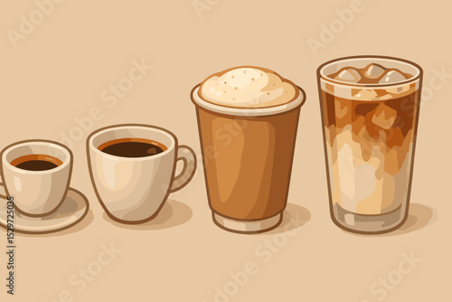 Coffee drink varieties vector illustration set. Collection of popular cafe beverages for menu design. Includes espresso, americano, cappuccino, and iced coffee in cups and glass.