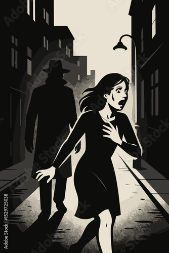 Film noir style vector illustration of a terrified woman running away from a stalker. Scared female victim being chased in a dark city street at night. Concept of fear, danger, crime.